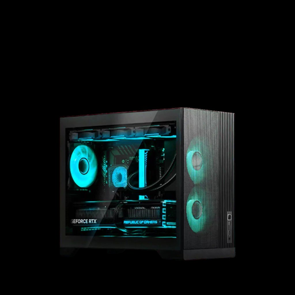 Stormbyte — a black custom gaming PC with teal RGB lighting and a mesh front panel.